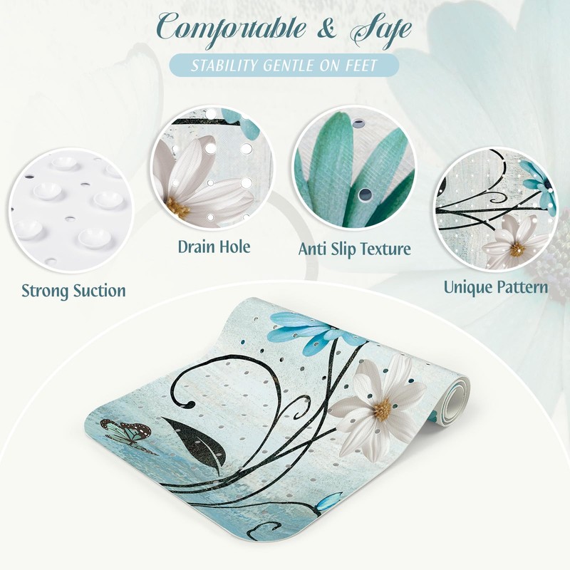 SHUCHING Turquoise Bath Mat for Tub Non Slip-40x16 Inch, Flower