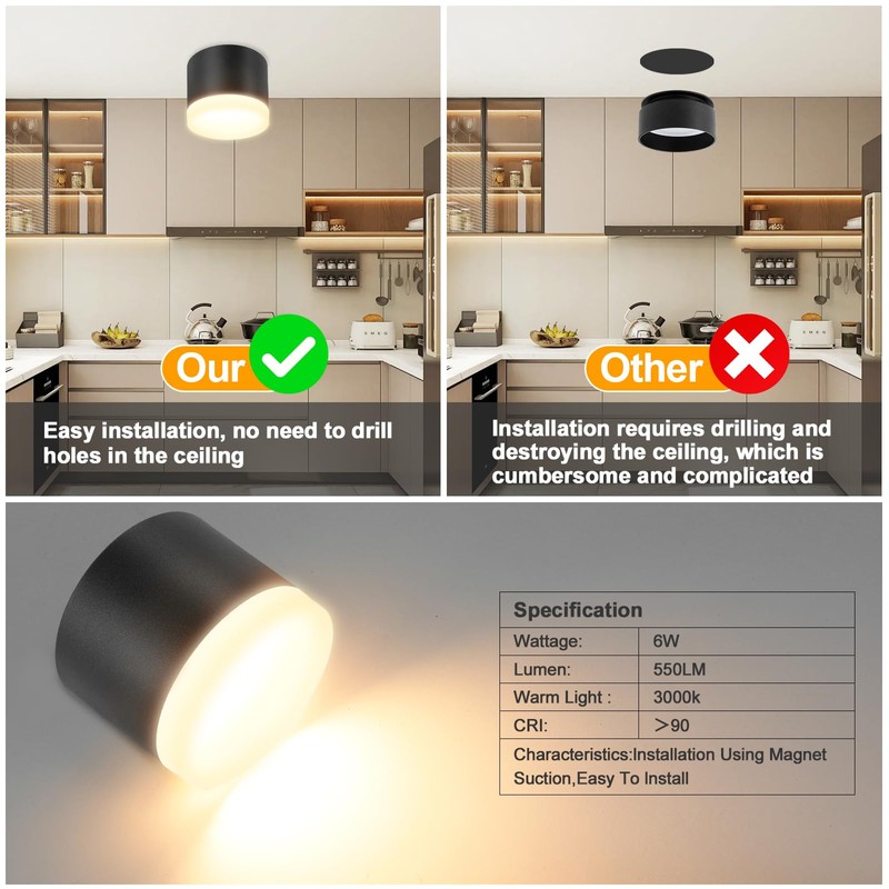 URing LED Surface-Mounted Spotlights, 3000 K Ceiling Spotlights, Black, Includes