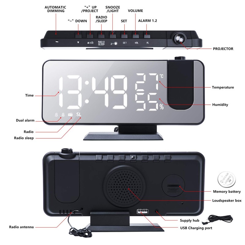 DollaTek Radio projection alarm clock LED large screen display temperature