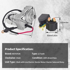 MOTOYUN 3 Bolt Starter Motor and Solenoid Starter Compatible with 50cc 70cc 90cc 100cc 110cc 125cc Dirt Bikes Go Karts ATVs Pit Bike Dune Buggy Sandrail Quad 4 Wheelers SSR Roketa Taotao Coolster