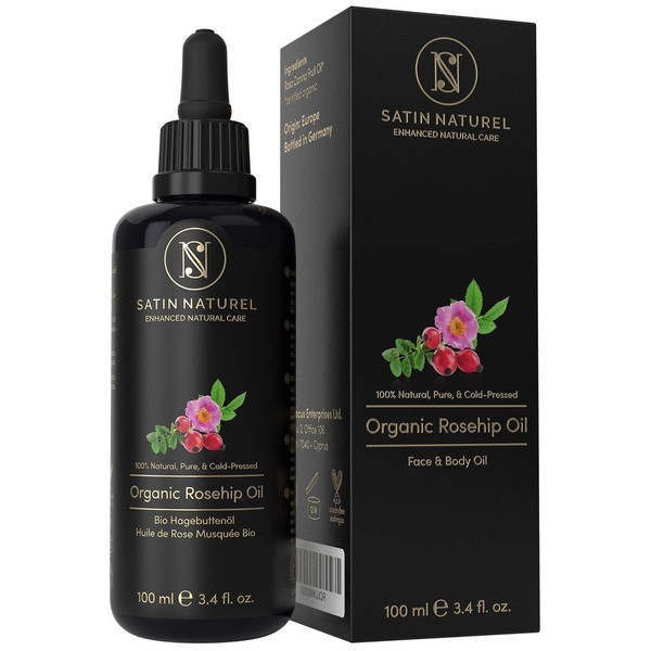 ORGANIC Rosehip Oil Vegan & Cold-Pressed - 100ml Violet Glass Bottle - Pure Wild Rose Oil Rich in Vitamin A, E, Omega 3,6,9 for Soft Skin, Face, Healthy Hair & Nails - Satin Naturel Natural Cosmetics