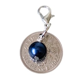 Silver Sixpence Crystal Pearl Bridal Charm | Something Blue with Crystal Pearl | Bouquet Charm for Bridal Shower | Dark Blue (Random)
