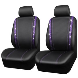 CAR PASS Leather Diamond Bling Car Seat Cover 2 Front Interior Sets, Waterproof Universal Shining Glitter Crystal Sparkle Fit for 95% Automotive Truck SUV Cute Women Girl, Black Purple Rhinestone