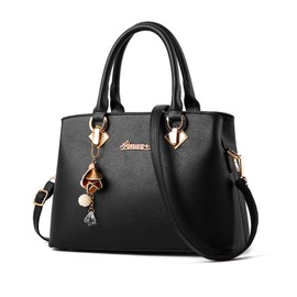 NICOLE & DORIS Fashion Women Handbags Tote Bag Elegant Top Handle Bags Ladies Cross Body Shoulder Bag PU Leather Work Bag Simple Satchel Bag with Pendant Black 1