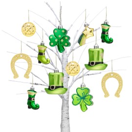 Valery Madelyn St Patricks Day Decorations Shamrock Tree Ornament Set, 12pcs Hanging Ball Ornament Irish Festival Decor, Good Luck Clover Hat Shoes Green Gold Ball Baubles for Party Home Spring