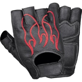 Men's Flame Embroidered Gel Palm Fingerless Gloves - Black, Red, Orange & Gray (Large, Red Flame)