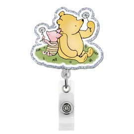 Pooh Bear Badge Reel, Cute Work Badge Holder with Retractable Clip for Nurse Teacher Police Student Worker ID Card Decor, Pooh Bear Gifts for Coworker Friends