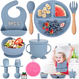 Set De 9 Cubiertos Para Bebé, Set De Suplementos De Silicona Para Bebé, Tazón, Taza con Pajita, Babero, Taza para Sorber, Taza para Beber, Cuchara y Tenedor, Fácil de Limpiar(Gris Azul)