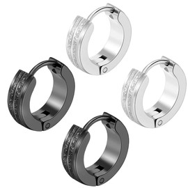 AFCJLTO 2 Pairs Men's Earrings Stainless Steel Hoop Earrings Set Earrings Men Women Cartilage Helix Piercing Ear Fashion Punk Earrings Hoop Earrings Black Earrings for Men Women (Black, Silver)