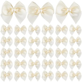 SOFPLATE 72Pcs Beige Bow Coquette Bows Decor Mini Polyester Plastic Pearls Elegant Wedding Holiday Ornament Bowknot Flower Appliques for Sewing Bottle Hair Scrapbooking Bag Decoration DIY Crafts