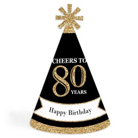 Big Dot of Happiness Adult 80th Birthday - Gold - Cone Birthday Party Hats for Adults - Set of 8 (Standard Size)