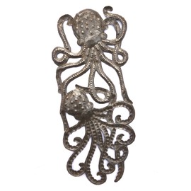 Handmade Octopus, Seal Life Nautical Artwork, Recycled Metal Ocean Wall Art, Haiti Steel Drum Indoor Outdoor 7.5 x 17.25 Inches