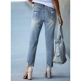 EVALESS Women's Jeans High Waisted Straight Leg Ripped Distressed Raw Hem Ankle Denim Pants Myosotis Size 16