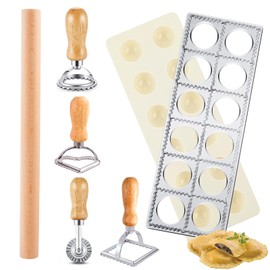 Lainballow 7 Pcs Ravioli Mold Set, Ravioli Maker Press with 1 Wood Rolling Pin, 4 Ravioli Cutter, 12 Holes Ravioli Stamp Pasta Making Kit for Ravioli Pasta Dumpling Meat Pie