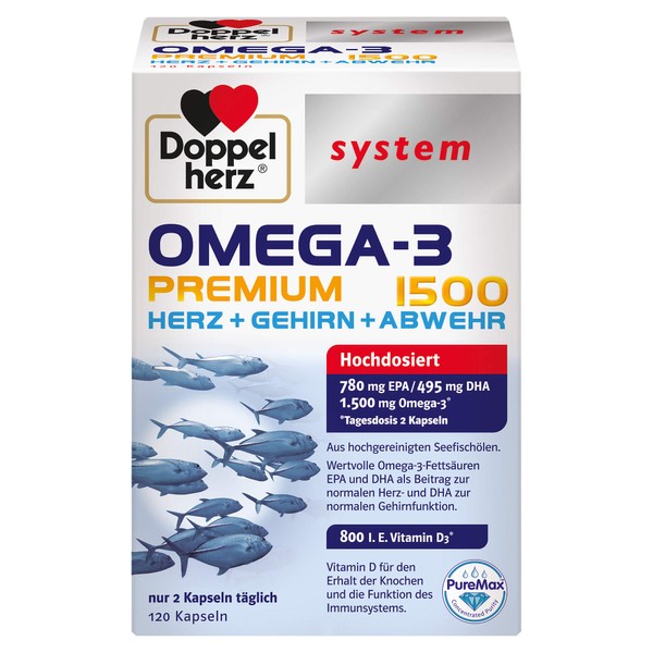 Doppelherz System Omega-3 Premium 1500 - High content of valuable omega-3 fatty acids EPA and DHA as a contribution to normal heart function - 120 capsules