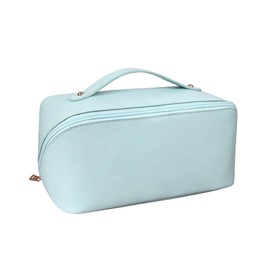 CORIOS Large Capacity Travel Cosmetic Bag Make Up Bag with Handle and Zipper Multifunction Waterproof Toiletry Bag PU Travel Organiser Bag Wash Bag for Women Ladies Girls Blue