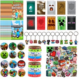 KEVRDRT Miner Video Game Party Bags, Miner Children's Birthday Party Favours, Pixel Party Bags, Children with Game Bracelets, Gift Bags, Notebook, Sticker, Key Fob, Badge, Pack of 116