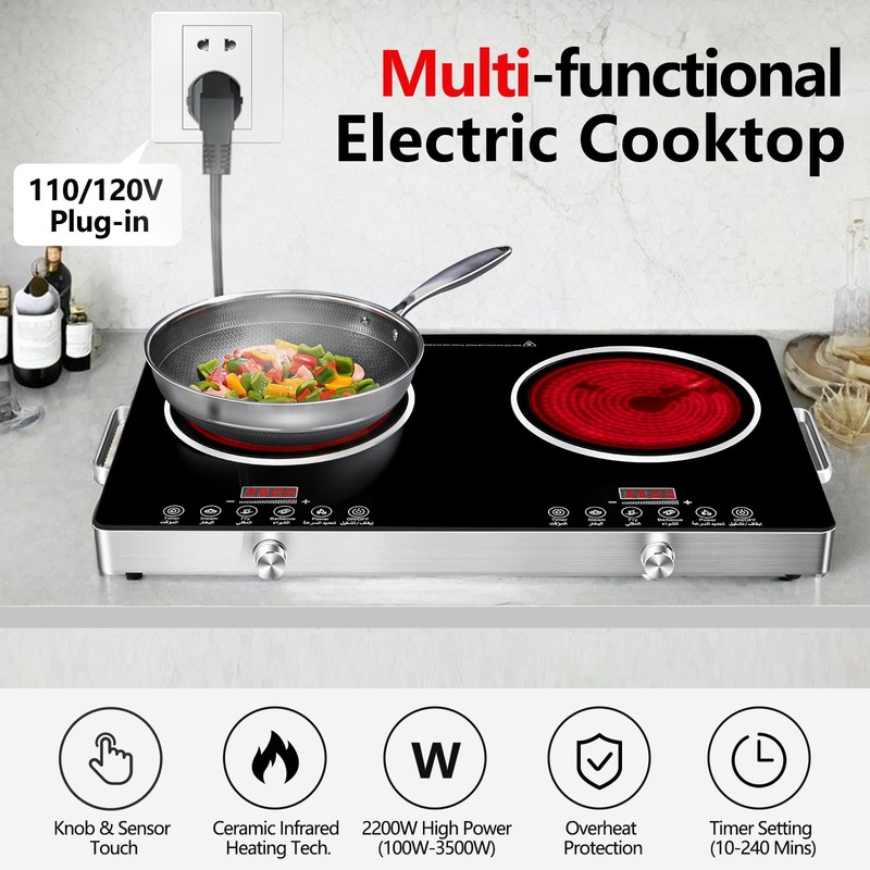 DRINTON 2 Burner Electric Cooktop, 3500W 110V Electric Double Burner