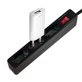LogiLink LPS227 4+2 (4X Protective Contact CEE 7/3, 2X USB) Power Cube Multifunction Socket with Child Safety Lock 3X Euro (an/Aus) Black