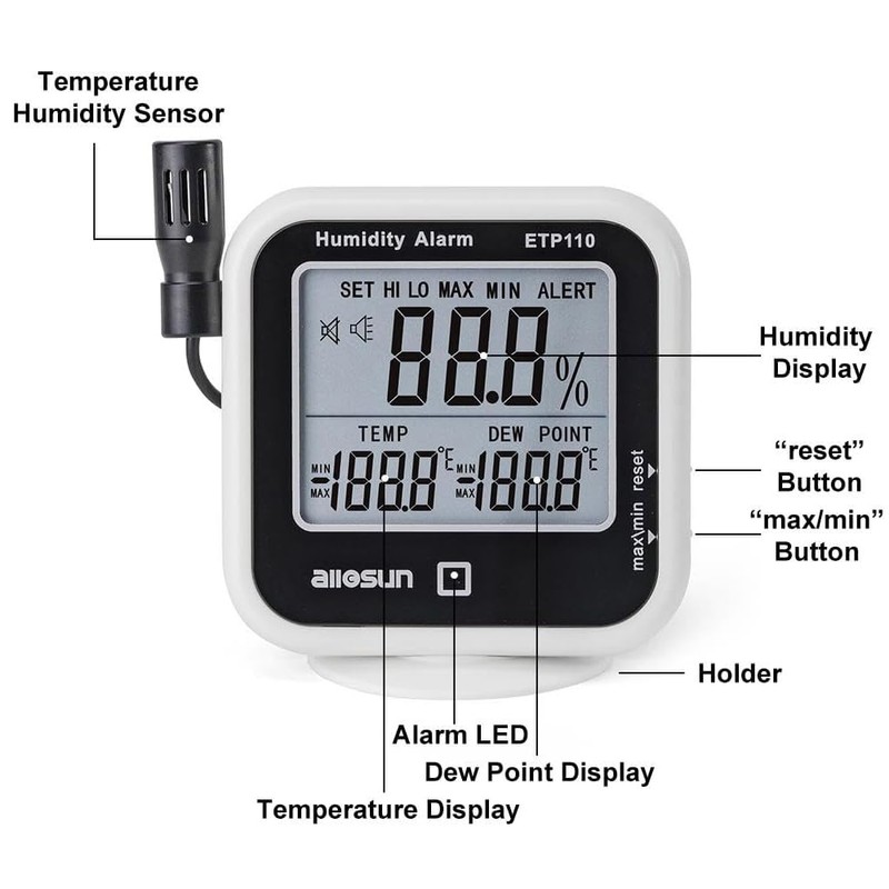 ALLOSUN Digital Thermometer Hygrometer Indoor Humidity Greenhouse Temperature Monitor Alarm
