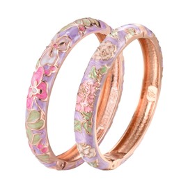 UJOY Gorgeous Bracelets Enameled Floral Cloisonne Gift Gold Plated Cuff Bangles Jewelry Sets Box for Women 55A100-55A113 Purple