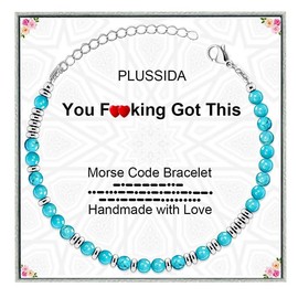 PLUSSIDA Round Turquoise Beaded Bracelet,Morse Code Bracelets for Women,Friendships Inspirational gifts for Women Mom Wife Friends Female Sister