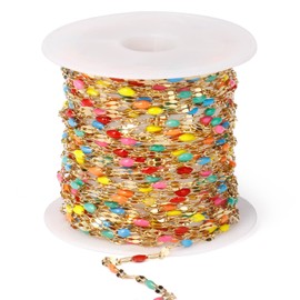 16.5FT 18K Gold PVD Plated Colorful Enamel Chain Roll, 2MM Rainbow Stainless Steel Enamel Lip Link Chains Spool Bulk for DIY Jewelry Making Necklace Bracelet