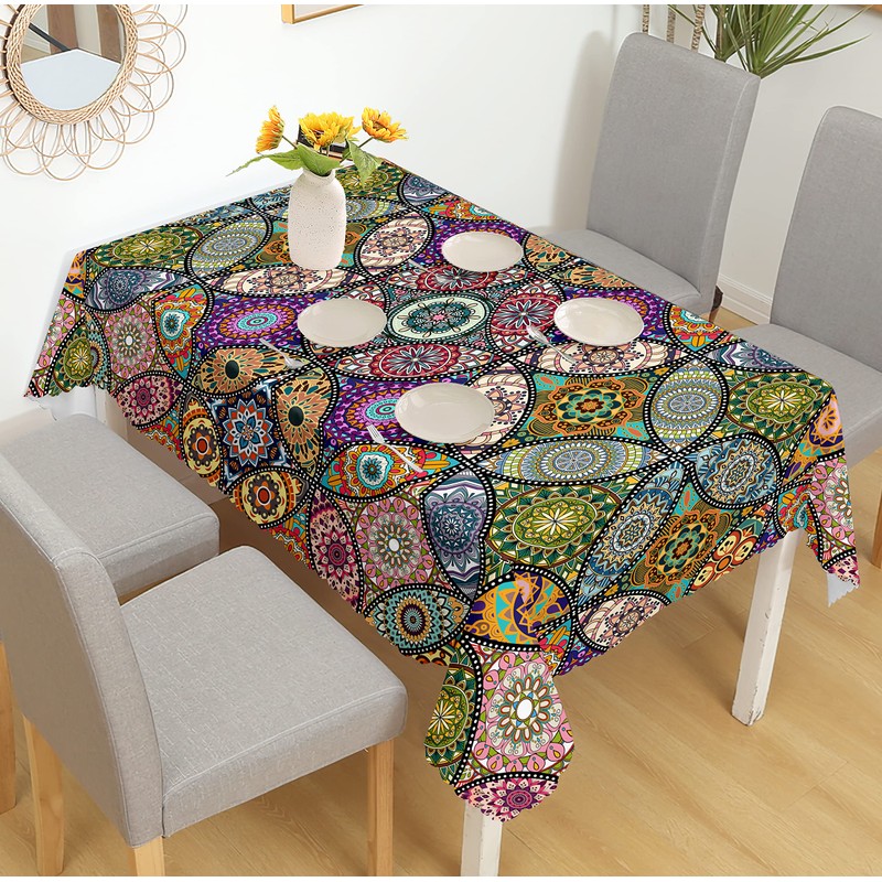 iEvery Boho Wipeable Tablecloth Rectangular, Mandala Polyester Waterproof Table Cloth