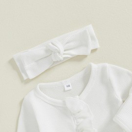 Ayalinggo Newborn Baby Romper Infant Girl One-piece Outfit Waffle Ruffle Zip Footie Spring Summer Clothes With Bow Headband White 0-3 Months