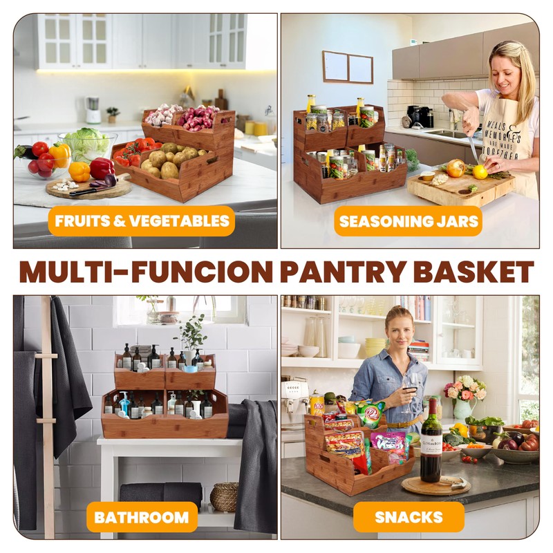 [Upgraded] 2-tier Stackable Bamboo Pantry Storage Bins, Potato and Onion