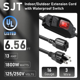 Outdoor Extension Cord with Waterproof Switch, HLCORD Long Extention Cord 3 Prong Grounded Plug Indoor Power Cord 6.56 FT Indoor/Outdoor Use, UL Listed