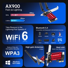 DERAPID AX900 PCIe WiFi 6 Tarjeta de red de doble banda, 802.11ax, 900 Mbps con Bluetooth 5.4, para PC de computadora y juegos, compatible con Windows 10/11