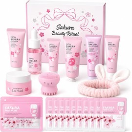 MrCuvaryas Set De Cuidado Facial Sakura Para Adolescentes Y Mujeres, Kit De 32 Piezas Con Esencia De Flor De Cerezo, Srum, Limpiador, Mascarilla Labial, Mascarilla De Barro Y Ms.