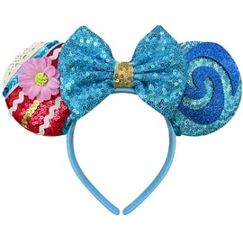 Moana Mouse Ears Headband, Blue Bow Headband for Adult Women, Costume Headwear for Theme Party, Princess Cosplay, Hawaii Party, Birthday Party