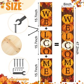 peony man 47" Fall Wooden Porch Sign Vertical Fall Welcome Standing Signs Pumpkin Leaves Standing Welcome Porch Sign for Outdoor Autumn Thanksgiving Harvest Home Garden Yard Farmhouse Front Door Decor