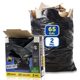 Plastic Prince 64-65 Gallon Trash Bags Heavy Duty with Flap Ties Extra Large Garbage Bags 2 Mil Outdoor Trash Bags 43 x 49 Trash Can Liners, Black Pack of 20