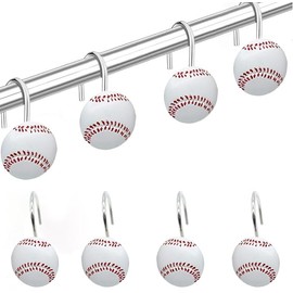 Juego de 12 ganchos de ducha de béisbol, juego de decoración de baño deportivo, ganchos de cortina de acero inoxidable, regalo para fanáticos del béisbol