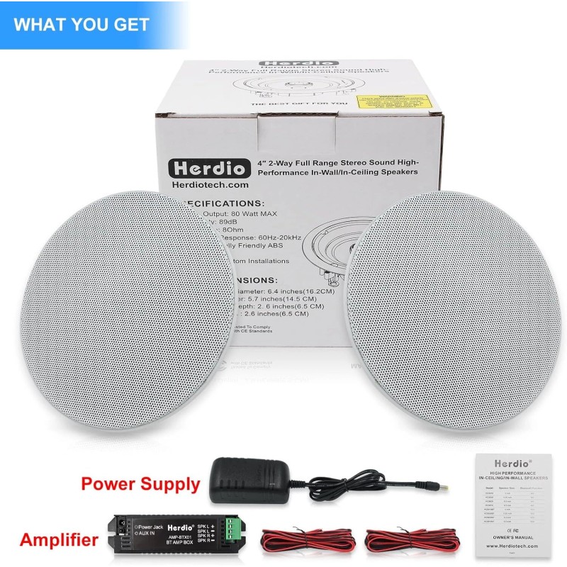 Herdio 4" Bluetooth Ceiling Speakers Bathroom Kitchen Speakers 160W Max