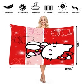 Hellokiitty Beach Towels, Hellokiitty Microfibre Beach Towel Velour Towel Swimming Shower Towel Lightweight Portable Sauna Towel Beach Swimming Soft Absorbent Beach Blanket for Kids (75 x 150cm)