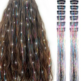 12-Pack Hair Tinsel Clip-Ins – 20.87 Inch Colorful Glitter Hair Extensions for Women, Girls, Kids – Sparkling Fairy Hair Party Accessories Kit