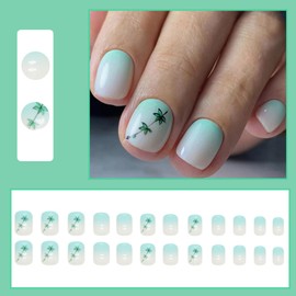 Ceboic Pack of 24 Stick-On Nails Square Short, French Tip Green Leaves Artificial Nails Natural Press on Nails with Designs, Ballerina Acrylic False Nails for Women and Girls