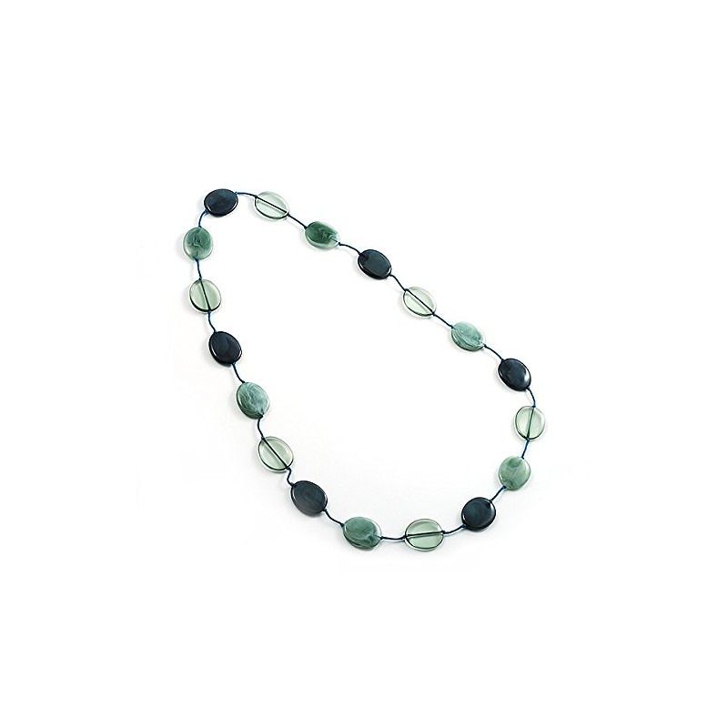 Long Plastic Flat Oval Bead Teal Necklace - 108cm L