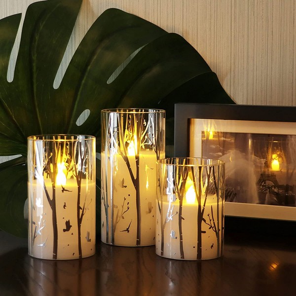 Rhytsing Birch Design Glass Battery Operated LED Candles with Timer,