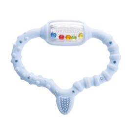 Curaprox Beißring für Babys blau, Baby Beissring mit Rassel, Baby Beissring mit Lernzahnbürste, Beißring für Babys zum Zahnen, BPA-frei, Blau, 1 Stück