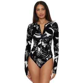 Trina Turk Women's Standard Paddle One Piece Swimsuit, Rash Guard, UV Protection, Zip Front, Long Sleeve, Bathing Suits, Lennox (Black Vanilla), Small