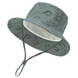 LO SHOKIM Dinosaur Baby Sun Hat Toddler UPF 50+ Summer Sun Protection Beach Hat Baby Boy Wide Brim Bucket Hat Infant Adjustable Cap (Green, 44-46cm)