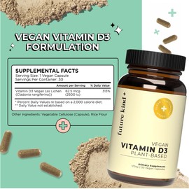 Future Kind Vegan Vitamin D3-2500 IU Plant-Based Supplement for Cell & Immune Support - Sugar-Free, Lichen-Based Vitamin D (30 Softgels in Glass Bottle)