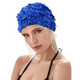 Women Retro Swim Cap, Floral Petal Bathing Cap Long Short Hair Elastic Swimming Turban with Flowers & Pearls(Blue)