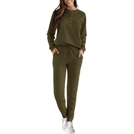 KIRUNDO Womens Sweatsuits 2 Piece Set 2024 Fall Winter Button Henley Sweatshirt Drawstring Pants Lounge Sets with Pockets(Army Green, Medium)
