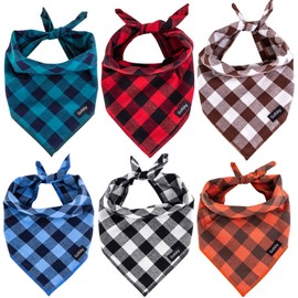 Gofshy Dog Bandanas Fall -6PCS Dog Gifts Red Black Brown Blue Green Buffalo Plaid Dog Scarf Adjustable Dog Accessories Kerchief for Small Medium Large Dogs Cats Puppy Bandanas(P)